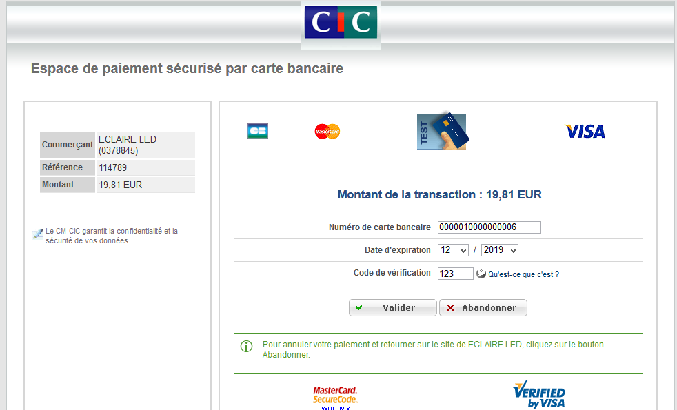 page de paiement bancaire CIC - module compatible prestashop
